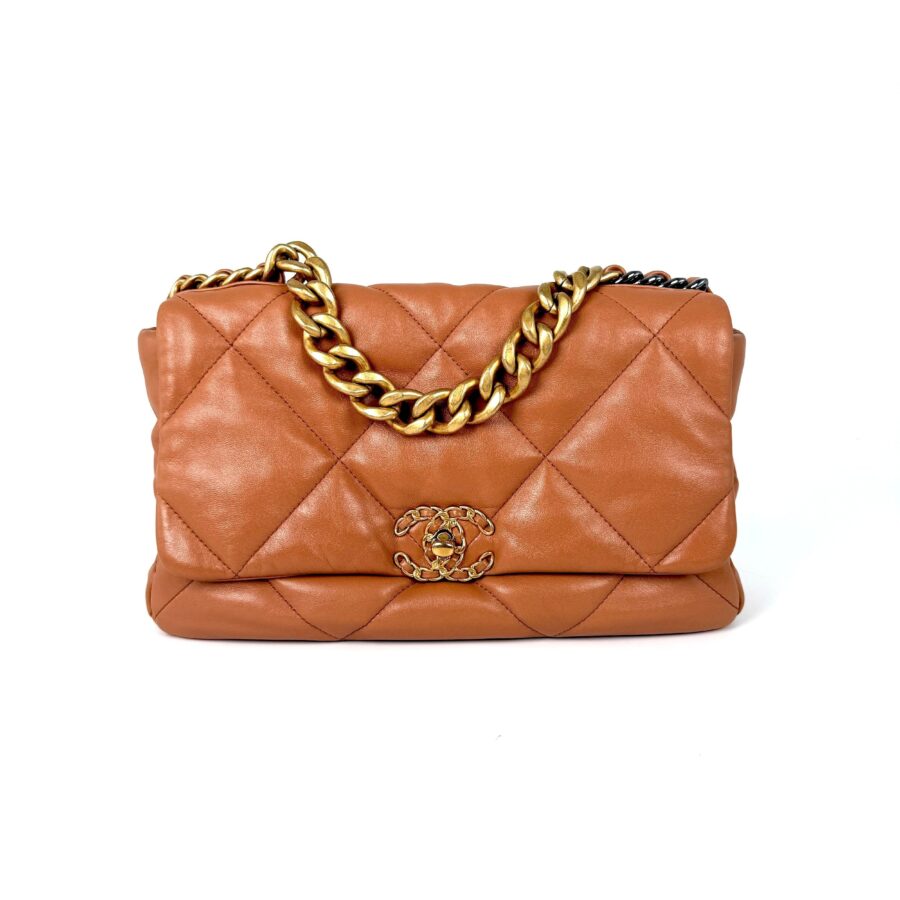 CHANEL 19 Large Brown Quilted Gold Hardware Flap Bag | Studio Nafay