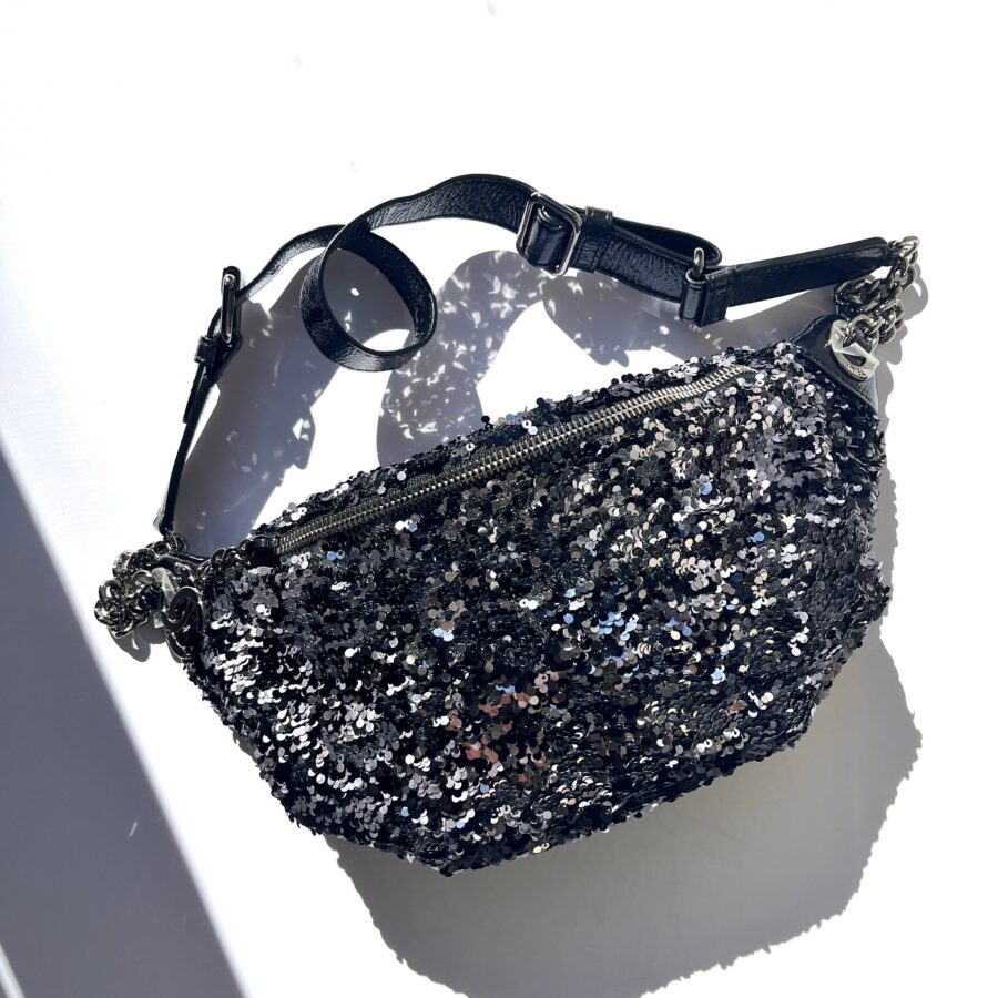 CHANEL Sequin Glazed Calfskin Black Silver Waist Fanny Bum Bag | Studio Nafay