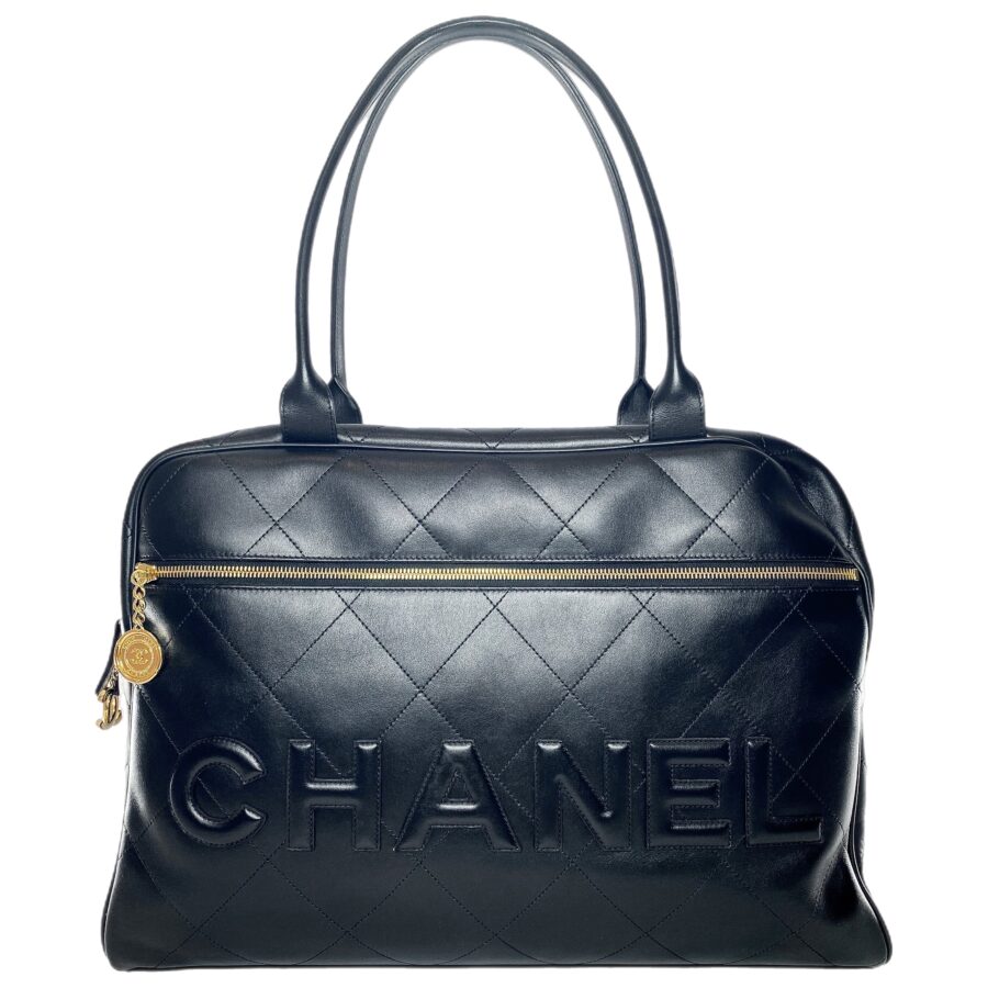 Chanel Black Stitched Maxi Logo Bowling Bag | Studio Nafay