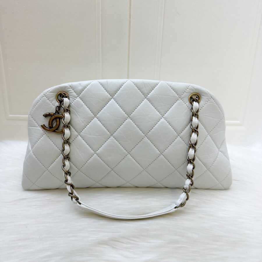 Chanel Just Mademoiselle Bowling Bag in White Calfskin and AGHW | Studio Nafay
