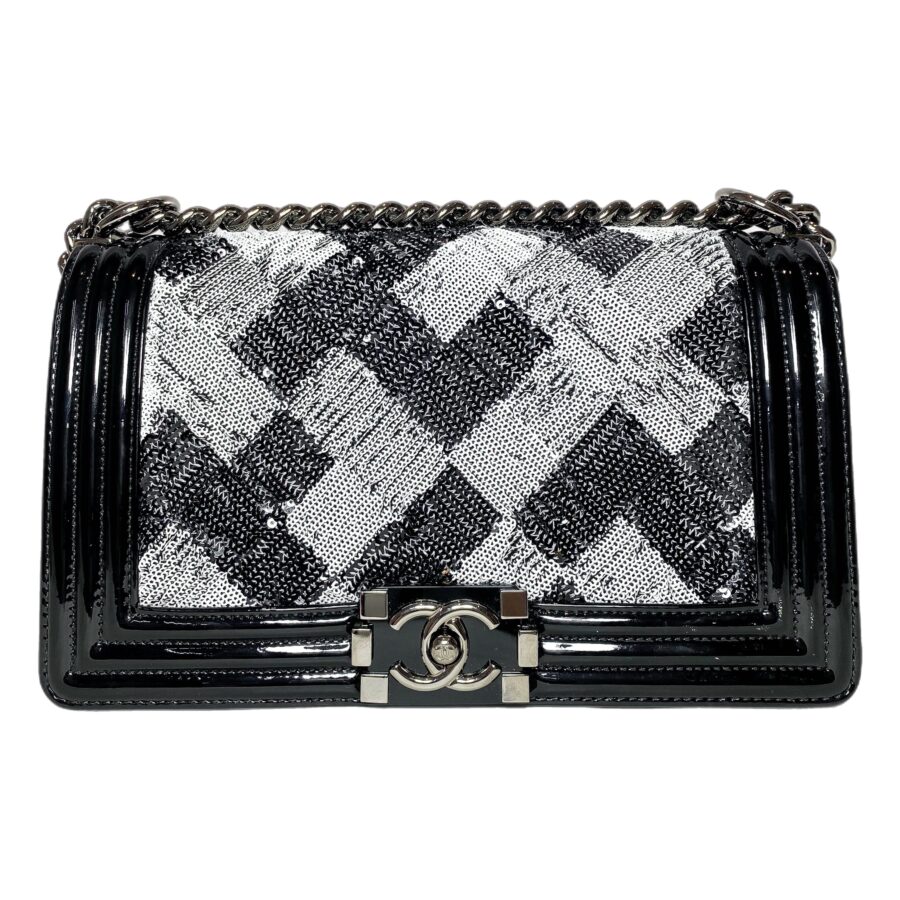 Chanel Black White Sequin Patent Old Medium Boy Bag | Studio Nafay
