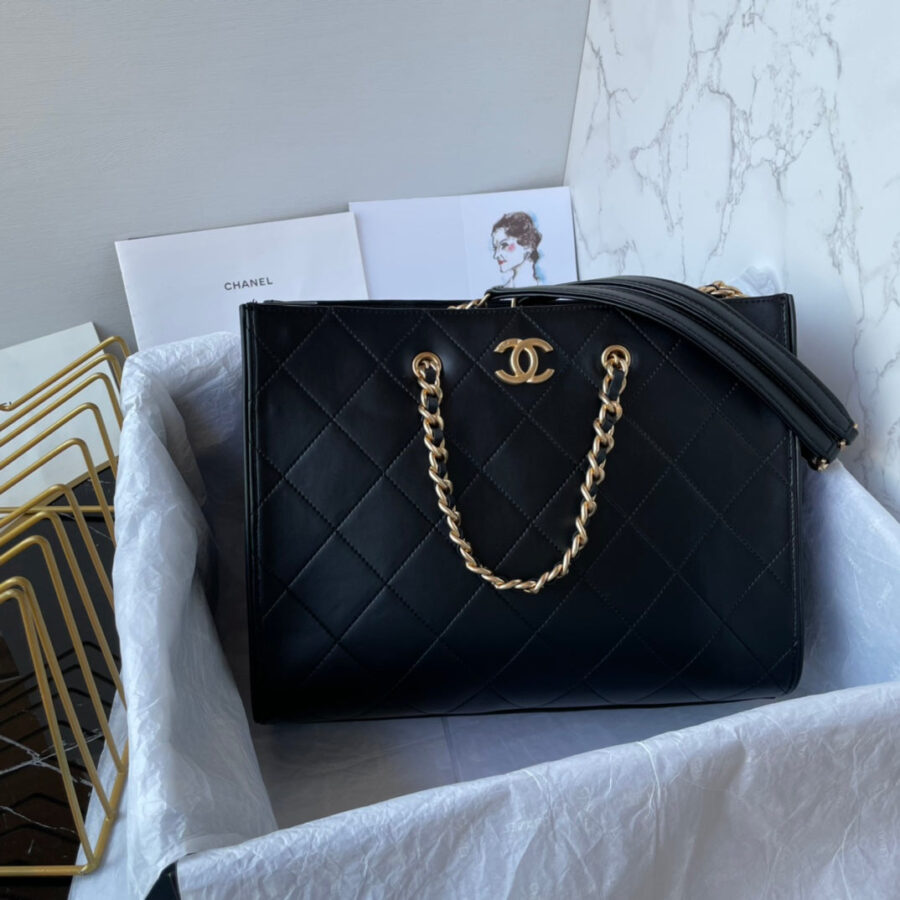 SMALL TOTE 31CM BLACK LAMBSKIN GOLD HARDWARE | Studio Nafay