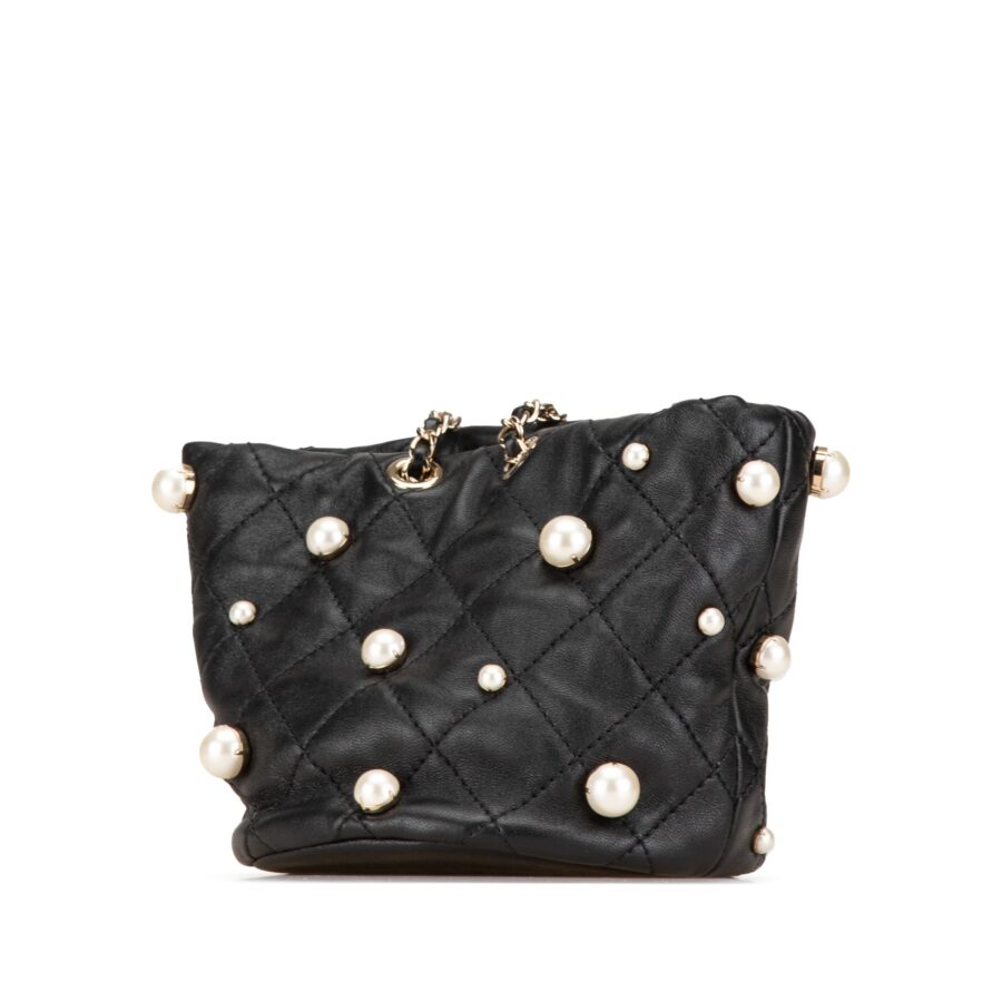 Black Chanel Mini Calfaskin About Pearls Drawstring Bucket Bag | Studio Nafay