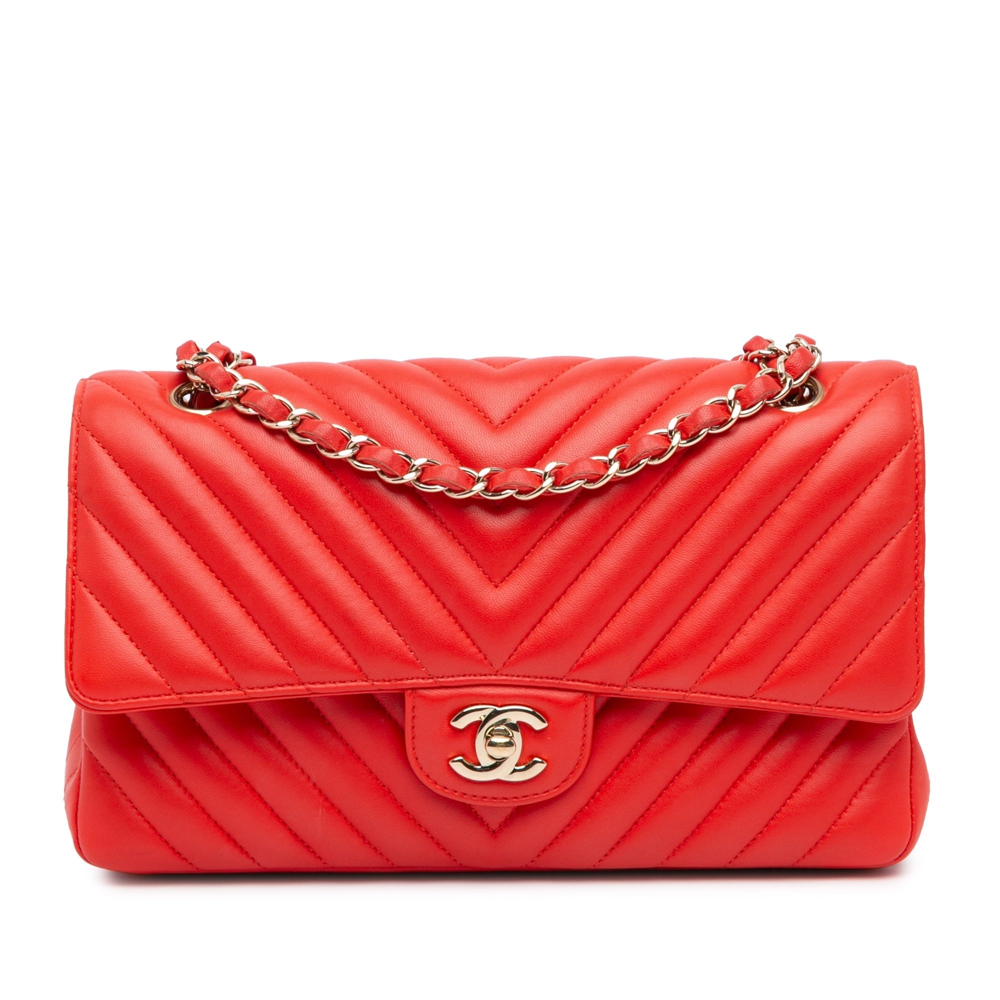 Red Chanel Medium Classic Chevron Lambskin Double Flap Shoulder Bag