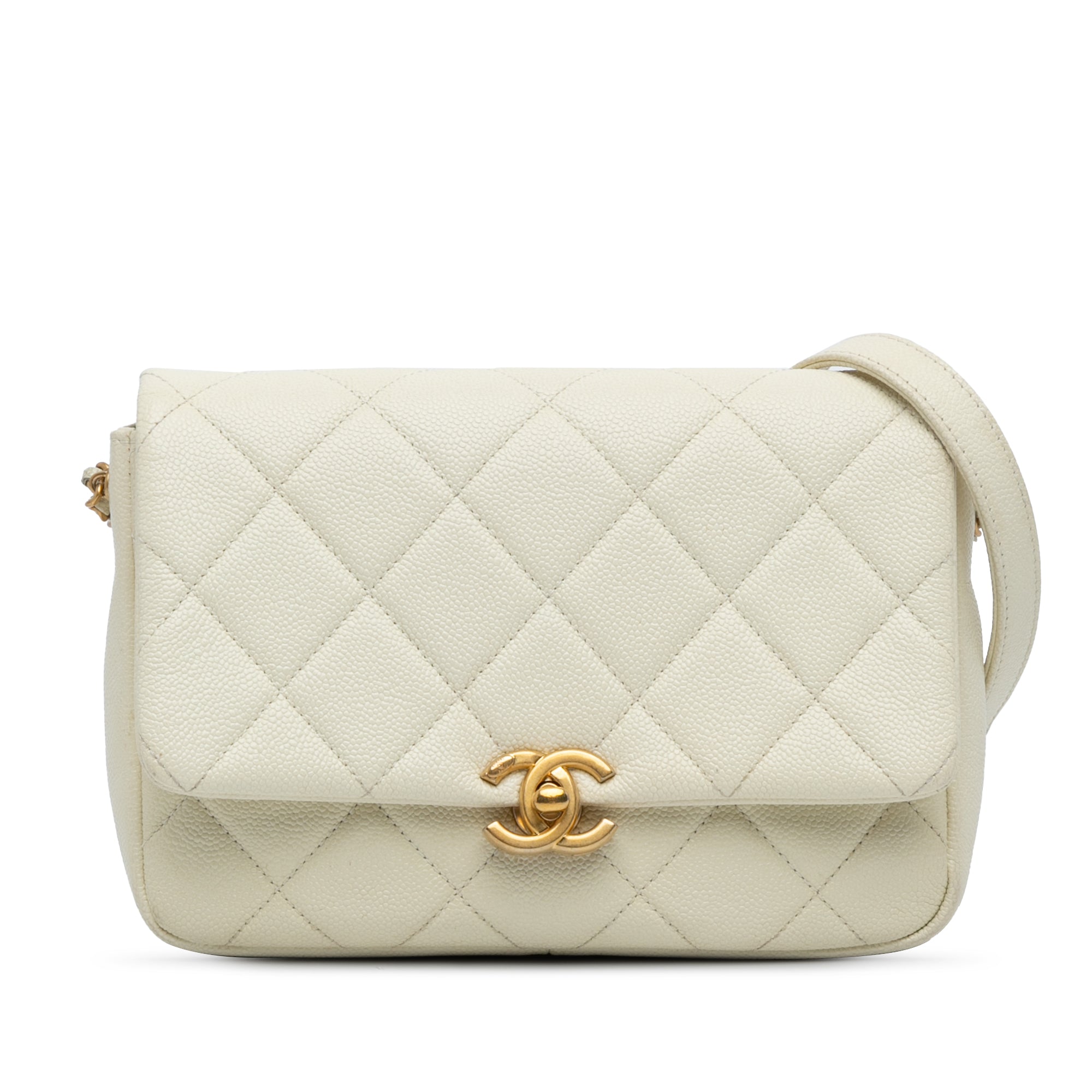 White Chanel Small Quilted Caviar Chain Melody Flap Crossbody Bag