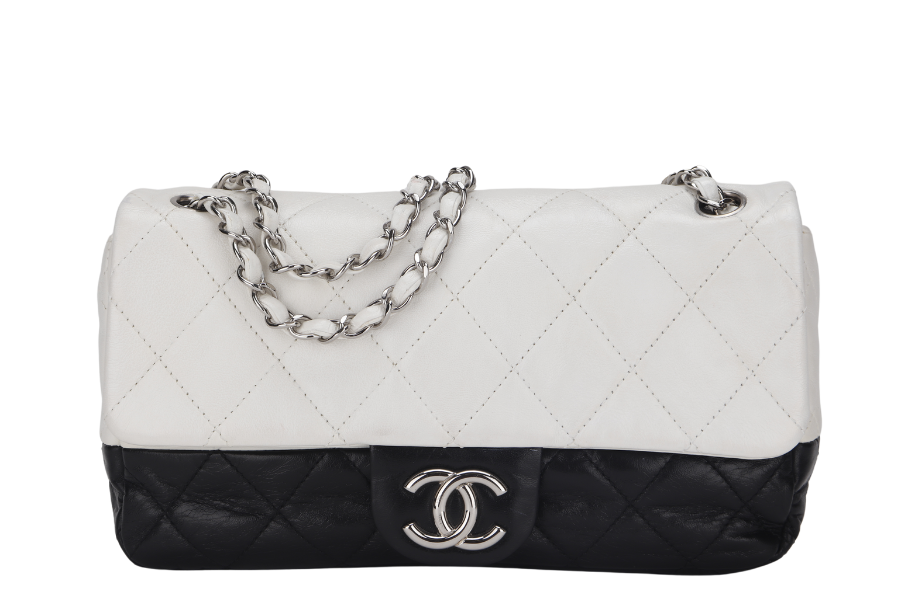 CHANEL CLASSIC FLAP BICOLOR (1267xxxx) MEDIUM BLACK & WHITE LAMBSKIN SILVER HARDWARE, NO & DUST COVER | Studio Nafay
