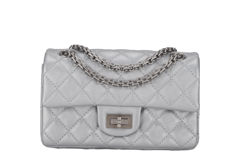 CHANEL CLASSIC FLAP REISSUE 2.55 MINI SILVER CALFSKIN SHW AUL4xxxx(MICROCHIP) WITH DUST COVER AND BOX | Studio Nafay