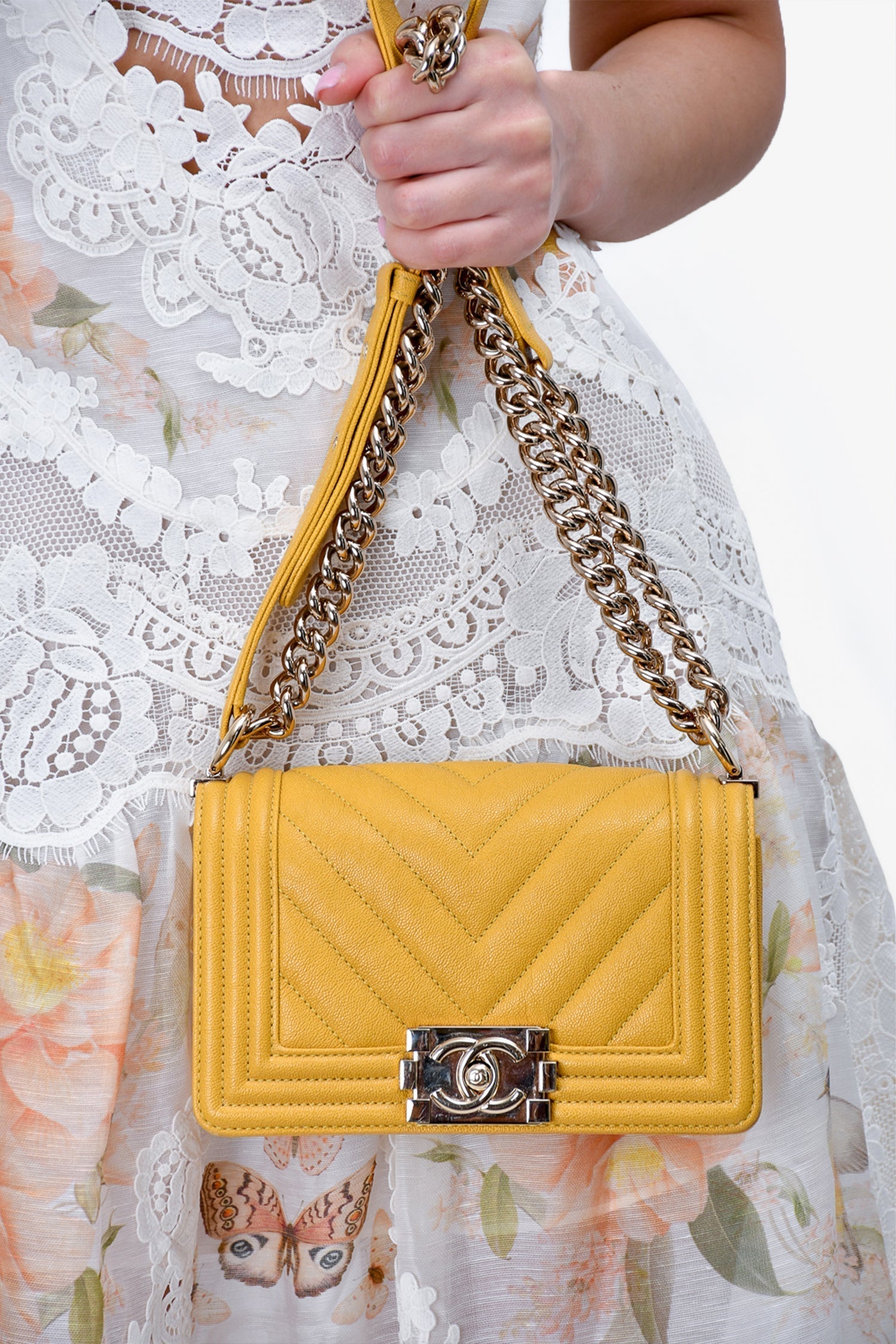 Chanel /20 Yellow Caviar Leather Small Boy Bag