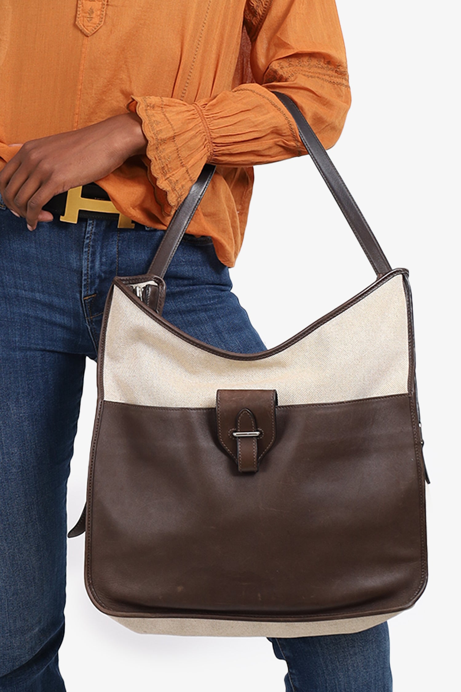 Hermès Brown/Beige Leather/Canvas Sac Jumping