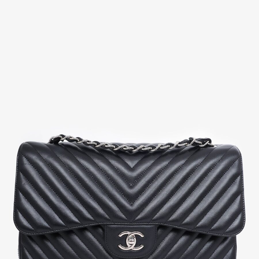 Chanel -17 Black Chevron Caviar Leather Jumbo Double Flap Shoulder Bag | Studio Nafay