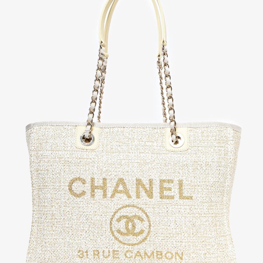 Chanel /22 Beige/Gold Metallic Tweed Small Deauville Shopping Tote | Studio Nafay