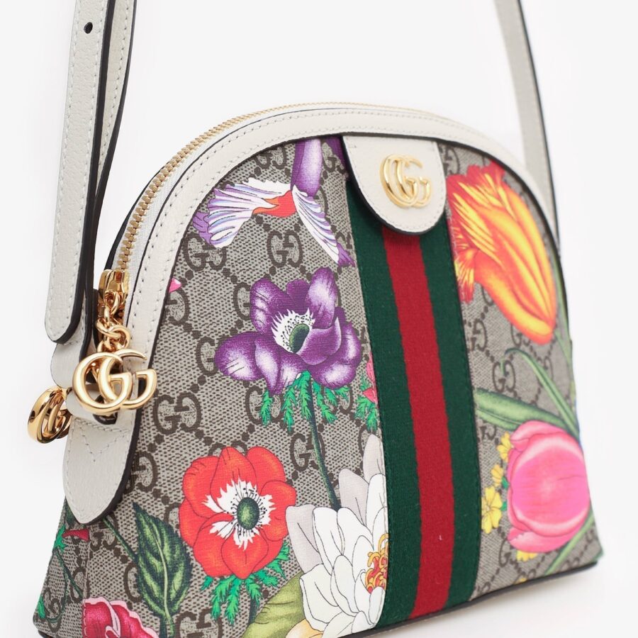 Gucci Off White/Beige GG Supreme Canvas Small Floral Ophidia Shoulder Bag | Studio Nafay