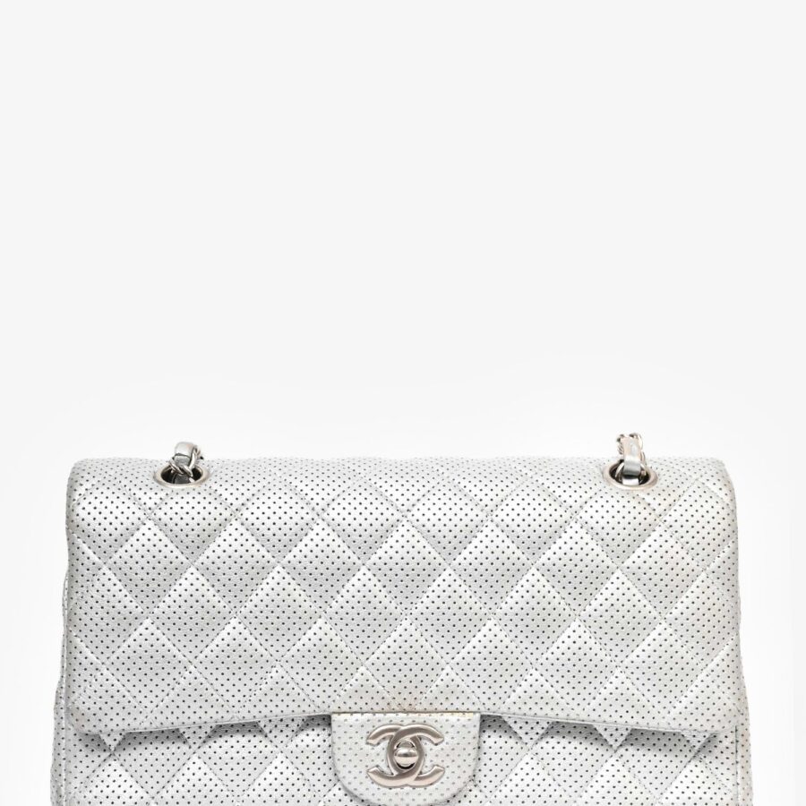 Chanel Silver Perforated Leather Medium Double Flap Shoulder Bag | Studio Nafay