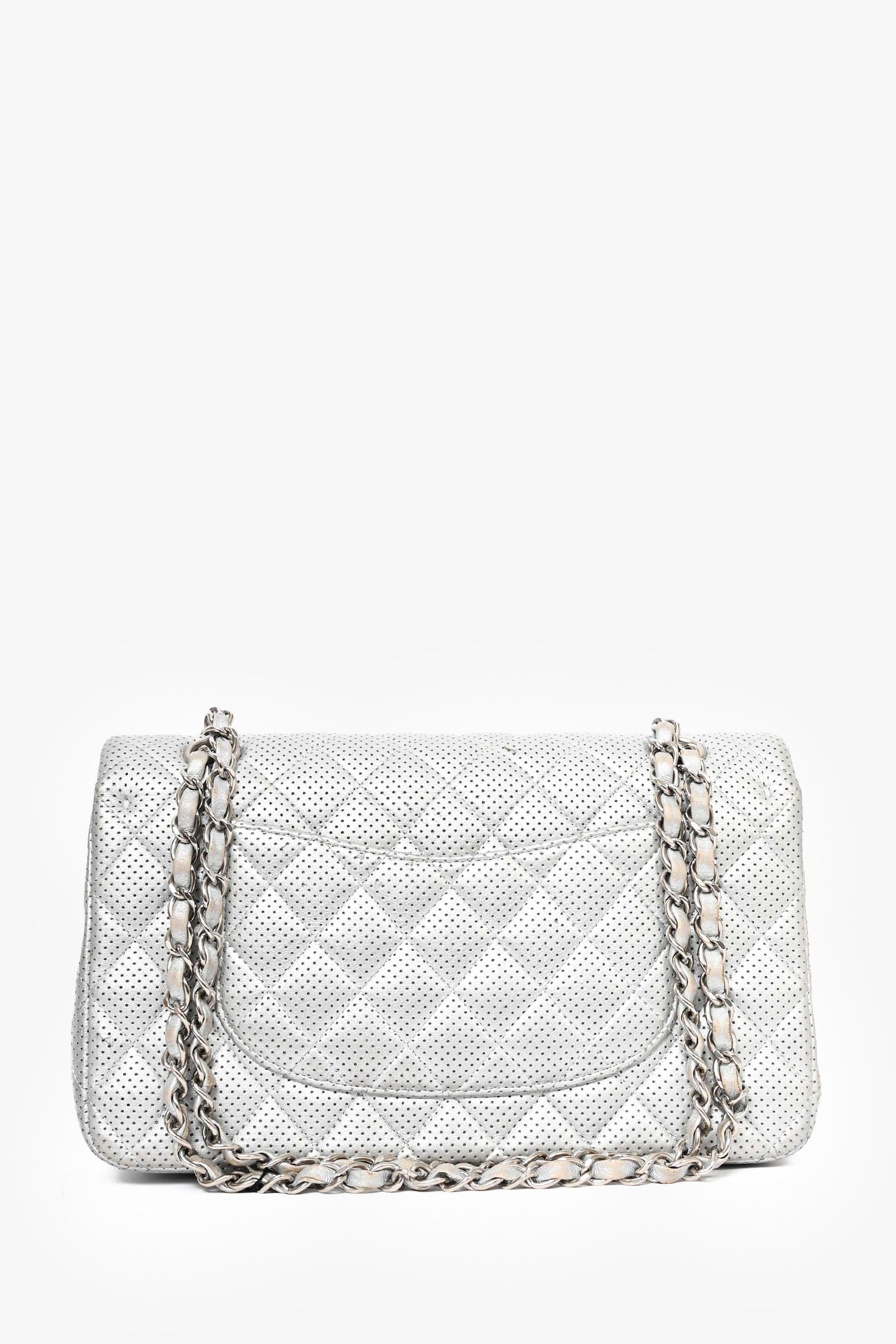 Chanel Silver Perforated Leather Medium Double Flap Shoulder Bag