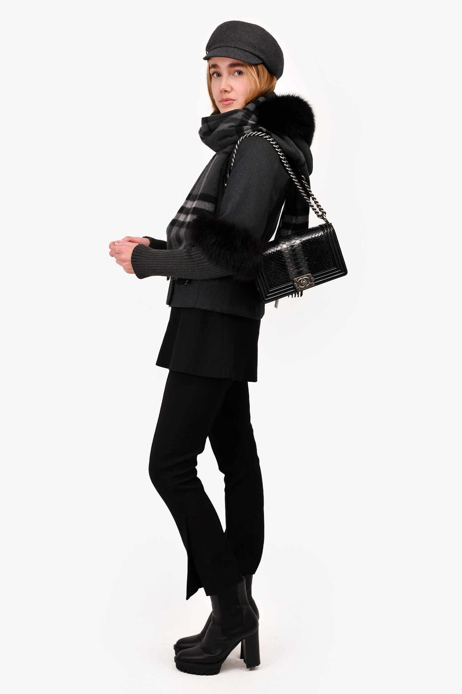 Chanel -15 Black/Grey Python Medium Boy Bag