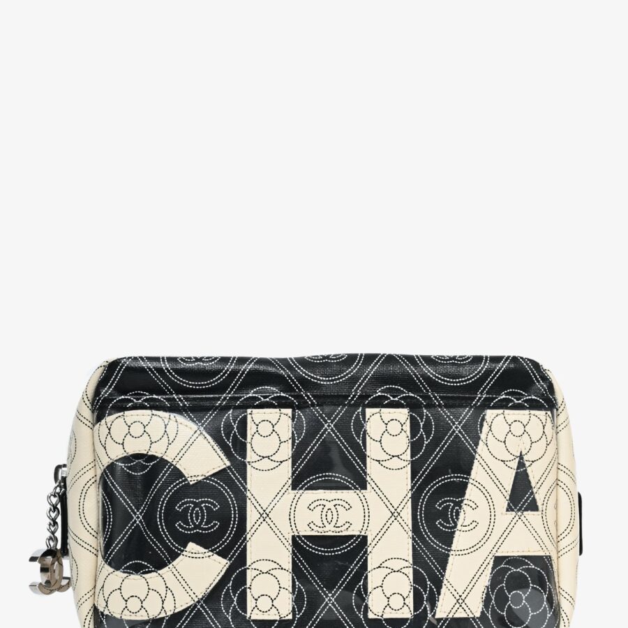 Chanel /18 Black/White Coated Canvas Camellia Logo Camera Bag with Strap | Studio Nafay
