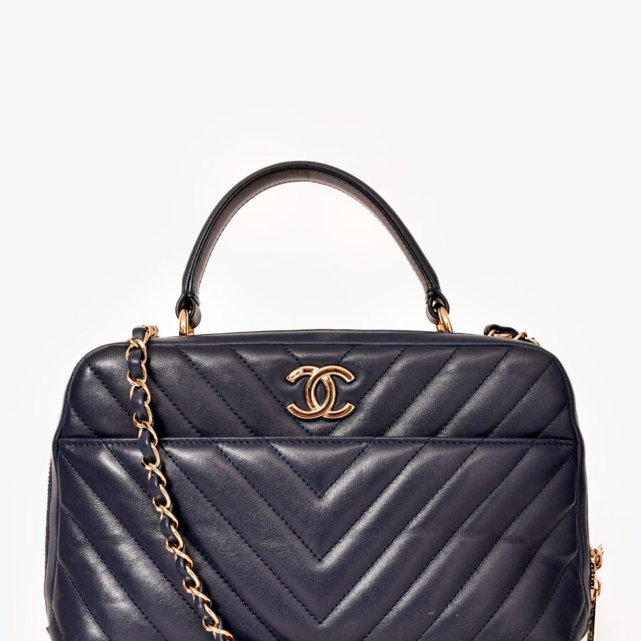 Chanel Navy Chevron Leather Medium Trendy Bowling Top Handle Handbag | Studio Nafay