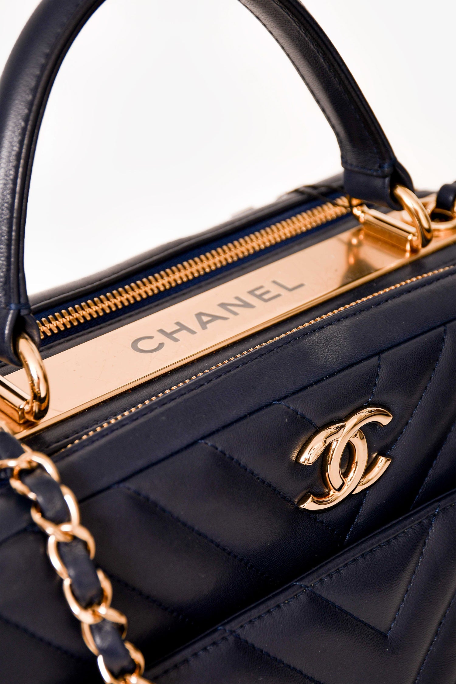 Chanel Navy Chevron Leather Medium Trendy Bowling Top Handle Handbag