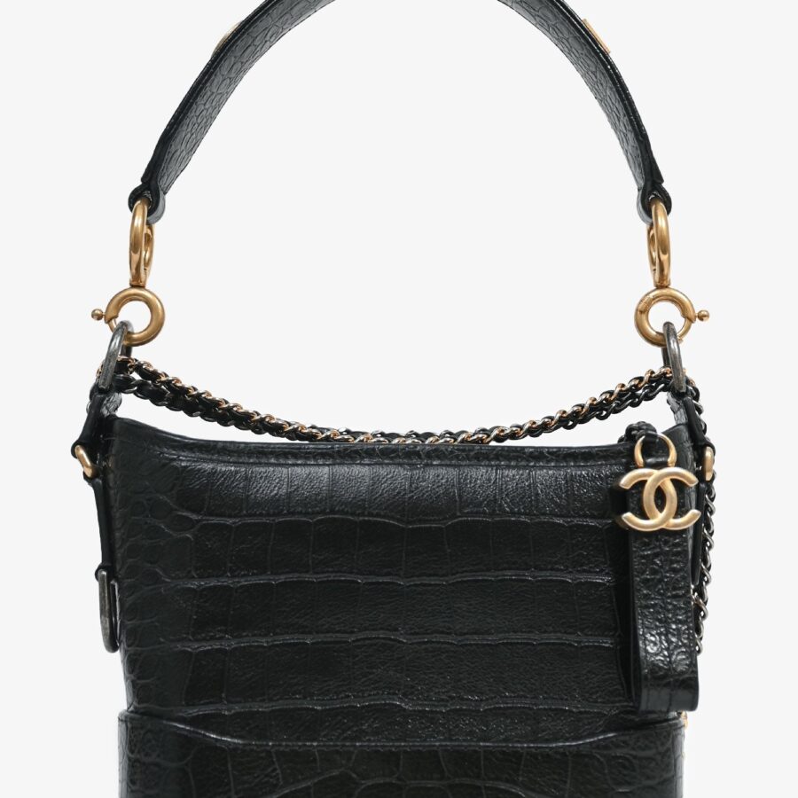 Chanel -20 Black Croc Embossed Leather Medium Gabrielle Crossbody Bag with Logo Strap | Studio Nafay