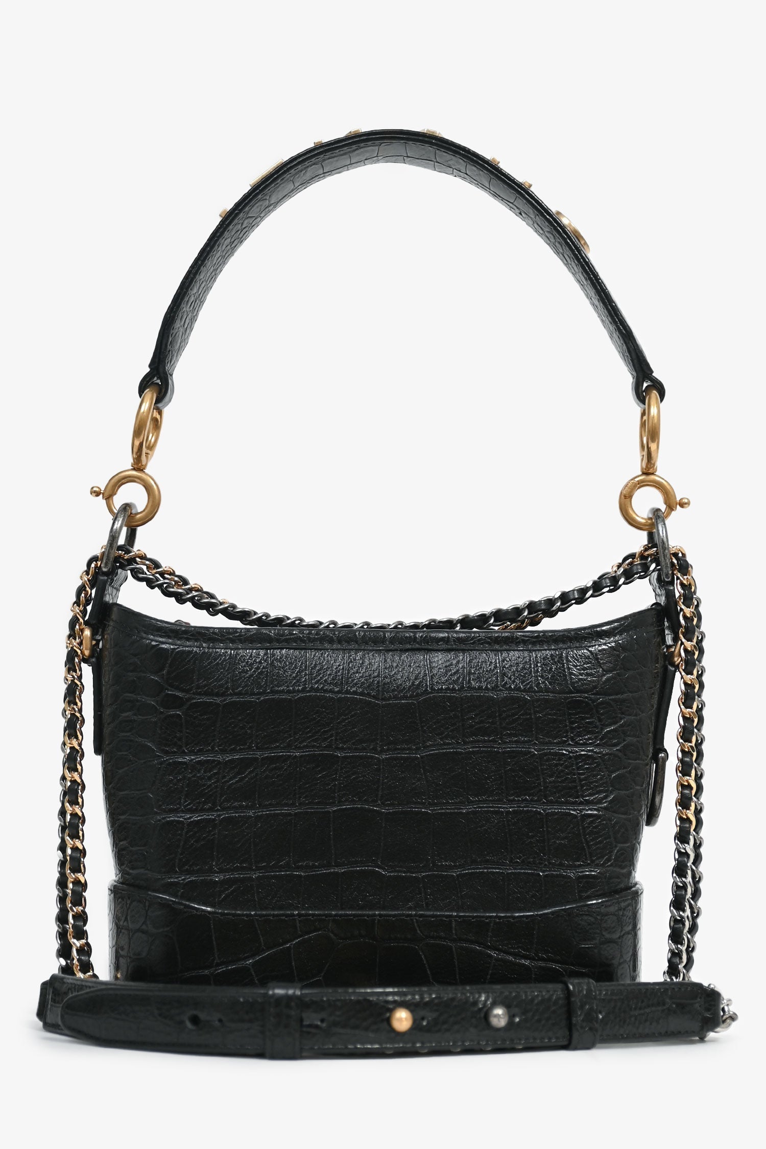 Chanel -20 Black Croc Embossed Leather Medium Gabrielle Crossbody Bag with Logo Strap