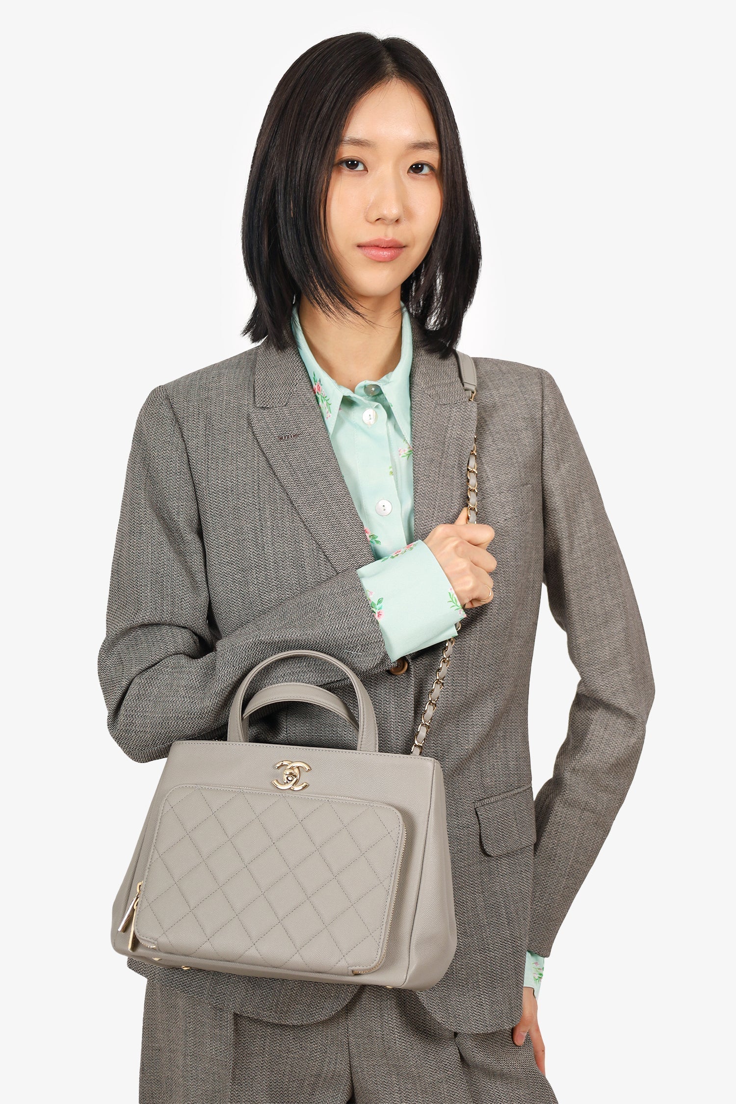 Chanel Grey Caviar Leather Quilted Small Business Affinity Shopping Tote
