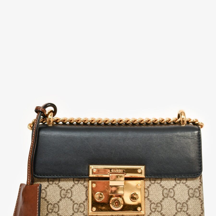 Gucci Beige GG Supreme/ Black Leather 'Padlock' Bag | Studio Nafay