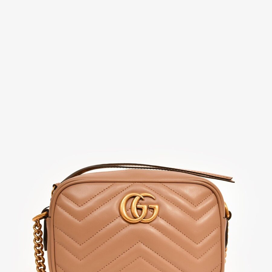 Gucci Beige GG Quilted Chevron Leather Marmont Mini Camera Bag | Studio Nafay