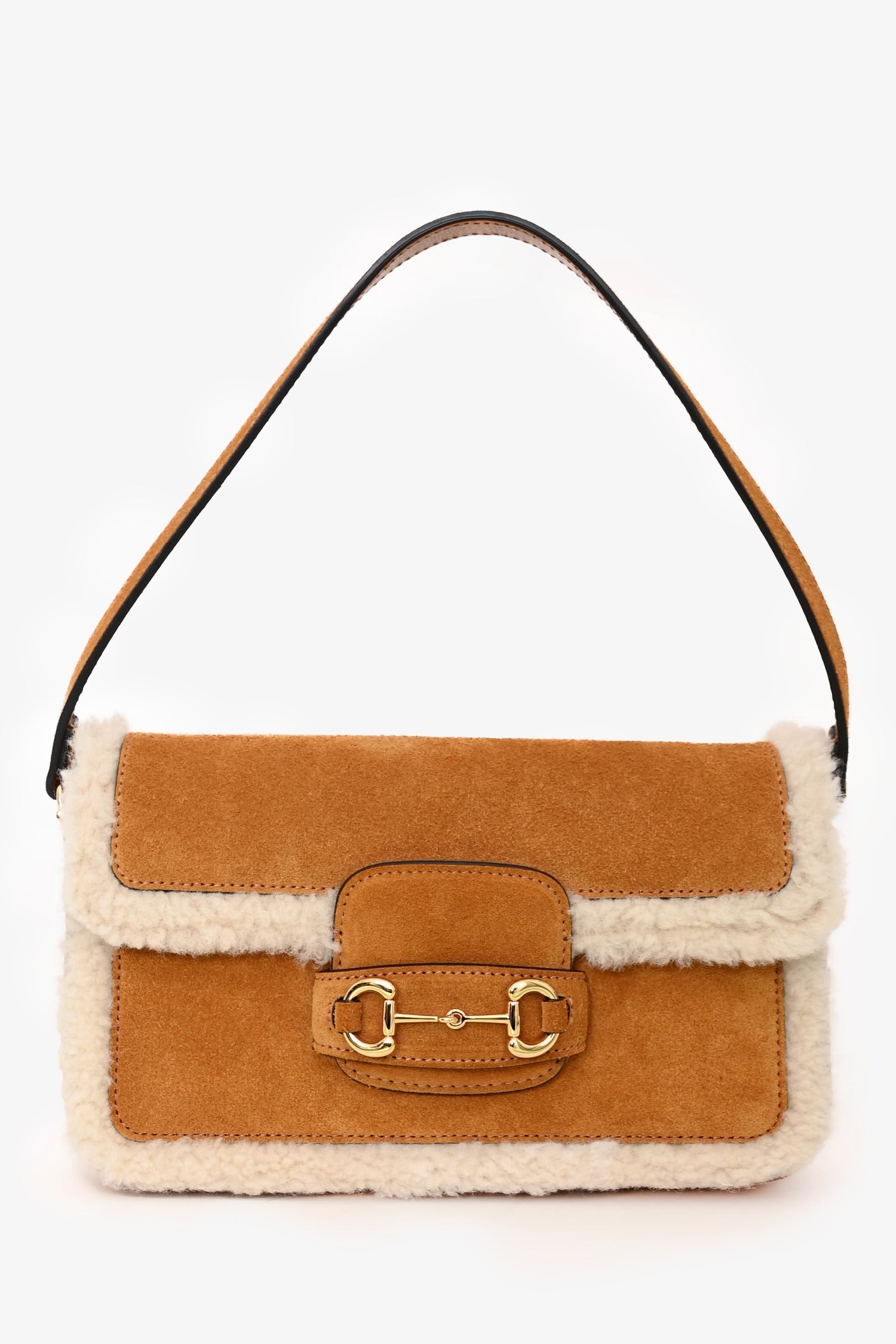 Gucci Brown Suede Leather/Shearling Trimmed Horsebit Shoulder Bag