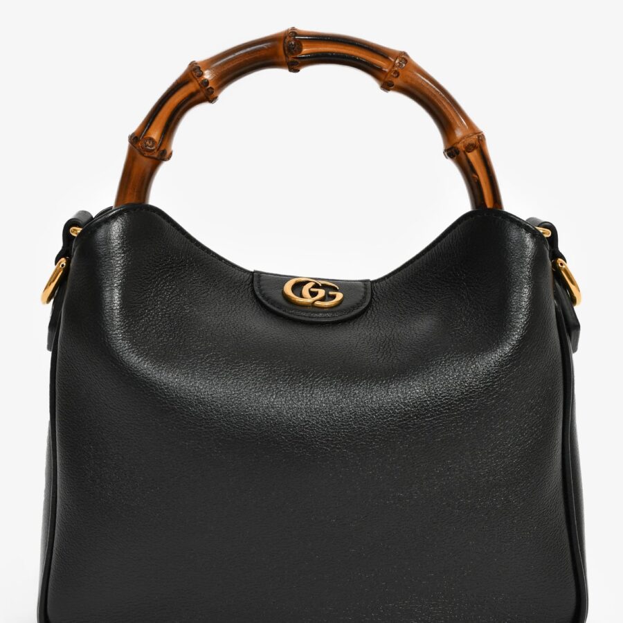 Gucci Black Leather Bamboo Handle Double G Small 'Diana' Bag with Strap | Studio Nafay