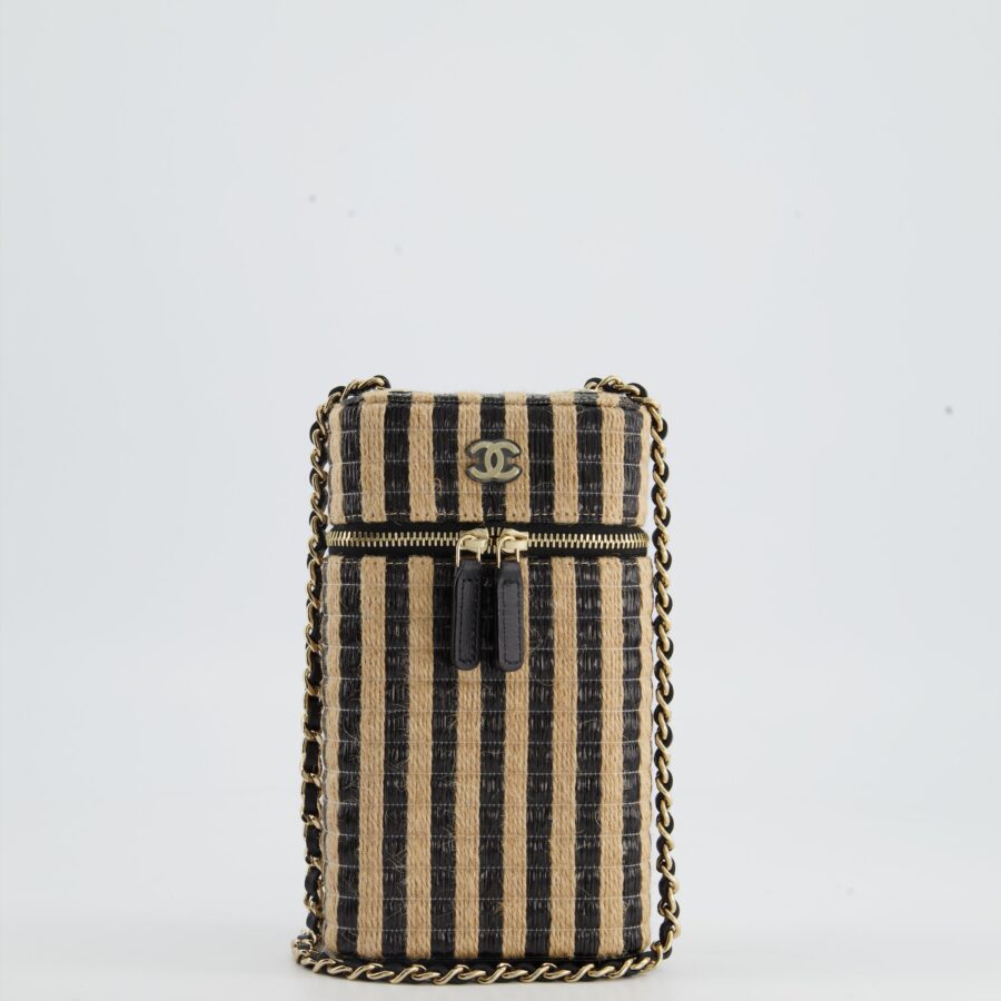 *HOT* Chanel Raffia Vanity 21P Beige and Black Cross-Body Bag with Champagne Gold Hardware | Studio Nafay