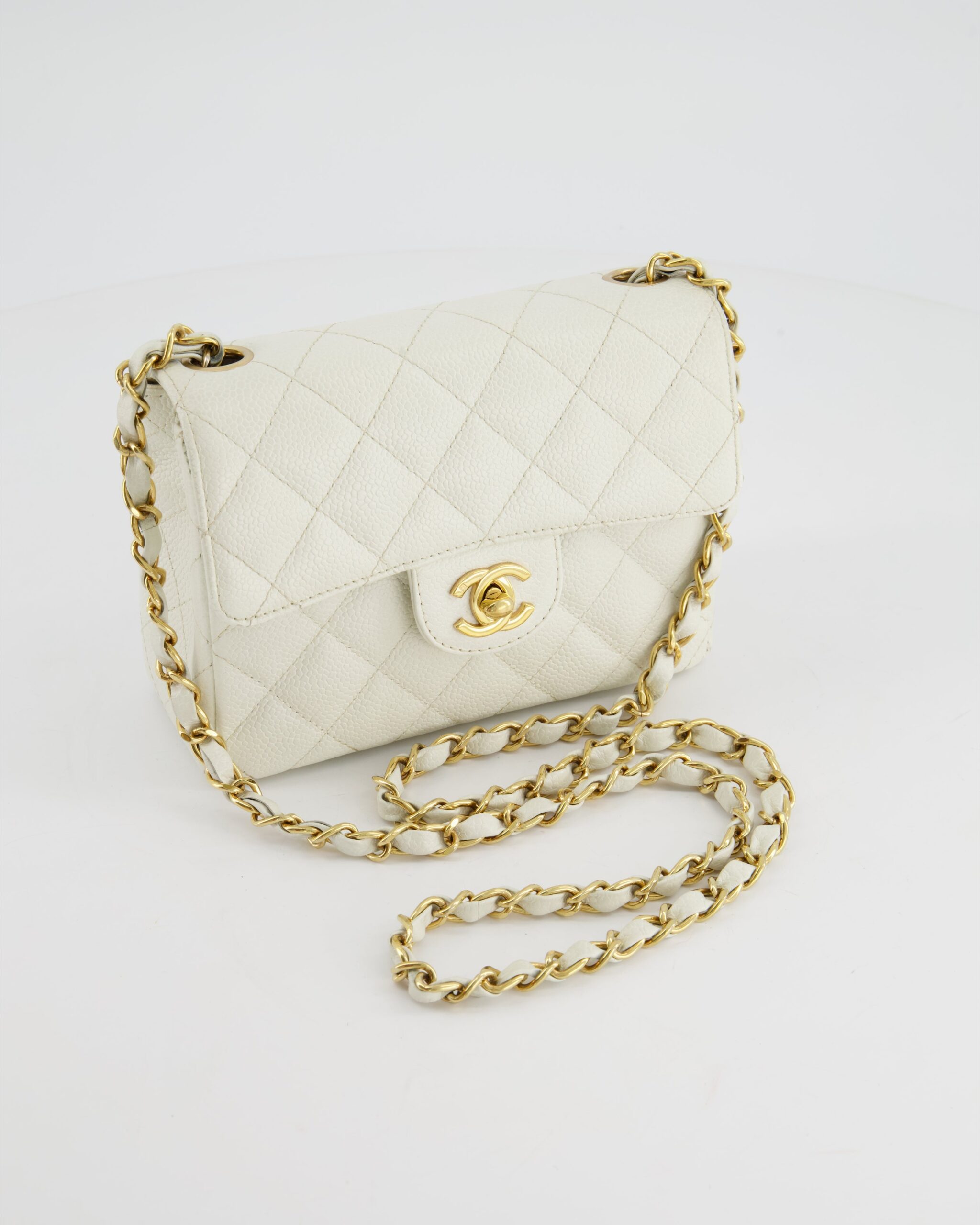 *RARE* Chanel White Caviar Mini Square Flap Bag with 24K Gold Hardware