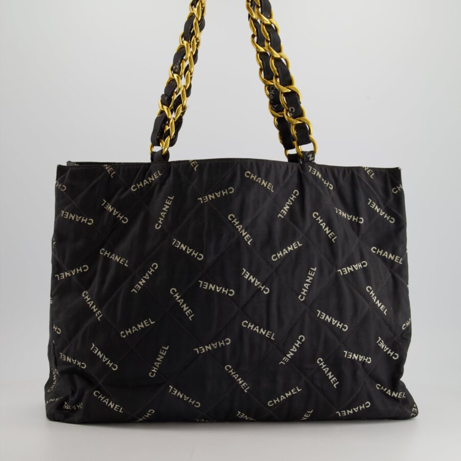 *RARE* Chanel Black Bag in Quilted Canvas Logo Print with Gold Hardware | Studio Nafay