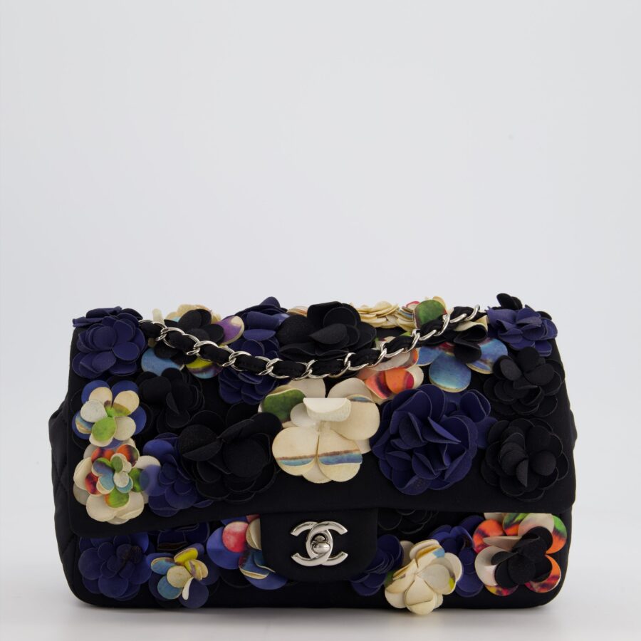 Chanel 15C Navy Camelia Embroidered Flap Bag in Fabric with Silver Hardware | Studio Nafay