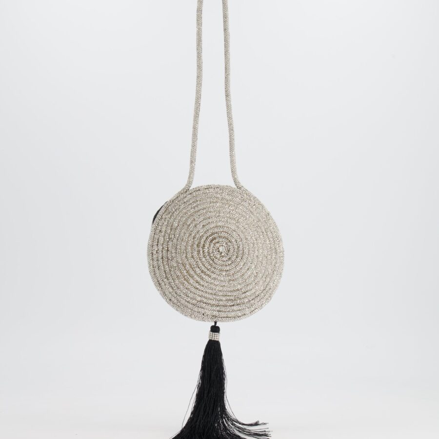 Nué Crystal Spiral Round Small Bag with Black Tassel Detail | Studio Nafay