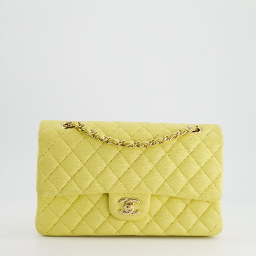 Chanel Sorbet Yellow Medium Classic Double Flap Bag in Caviar Leather with Champagne Gold Hardware | Studio Nafay