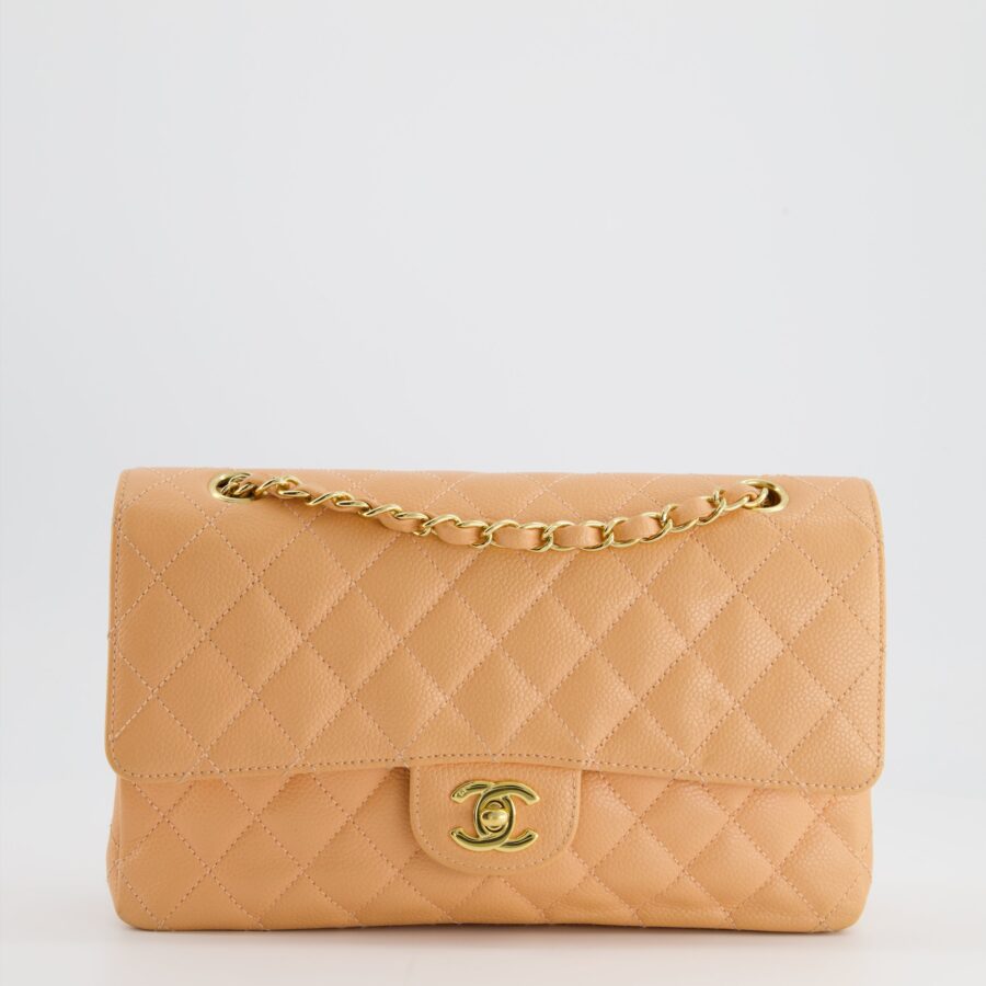 Chanel Peach Classic Medium Double Flap Bag in Caviar Leather with 24K Gold Hardware | Studio Nafay