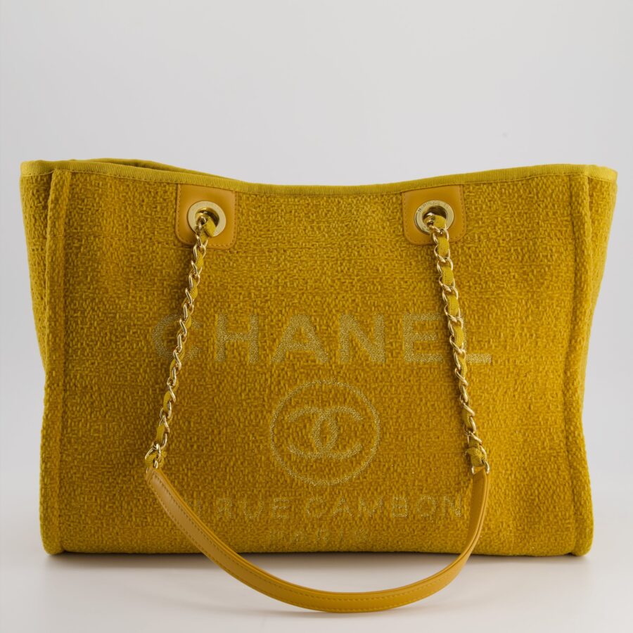*HOT* Chanel Mustard Yellow Small Deauville Tote Bag in Velvet Tweed with Champagne Gold Hardware | Studio Nafay