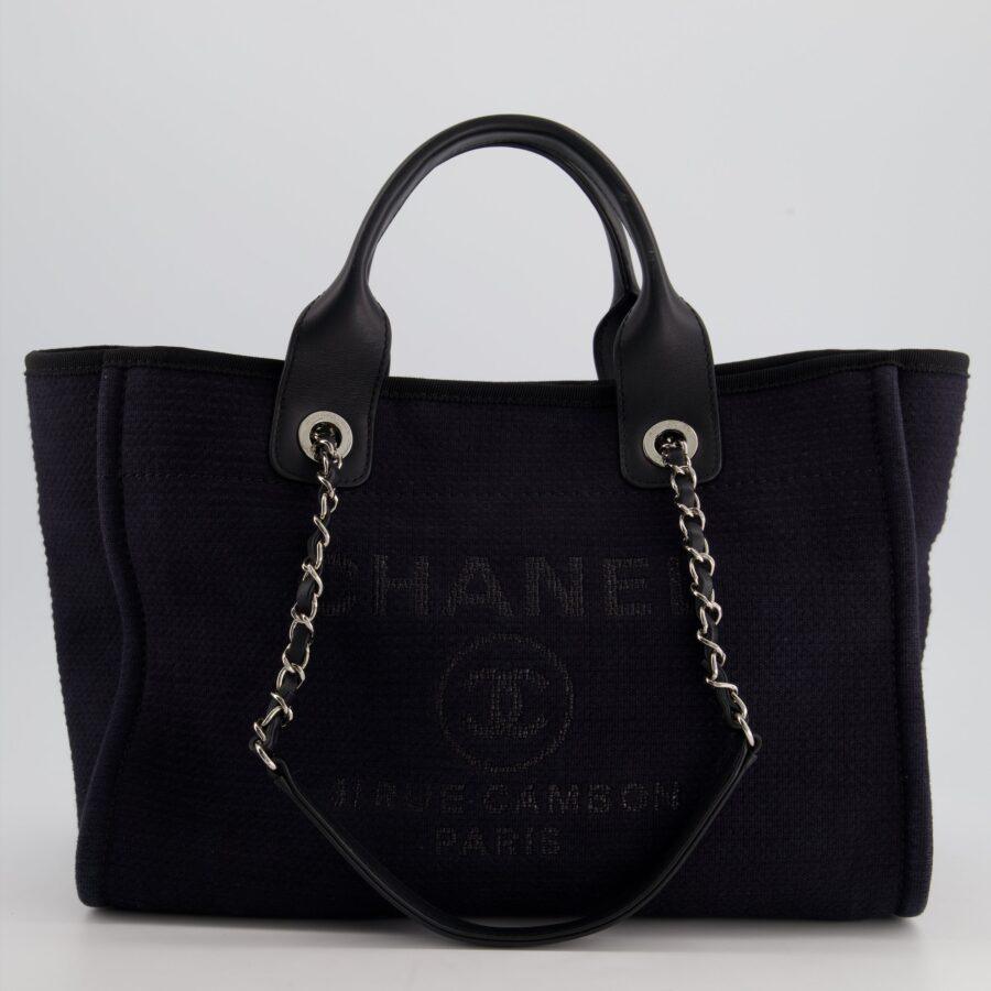 Chanel Navy & Black Small Deauville Tote Bag with Silver Hardware | Studio Nafay