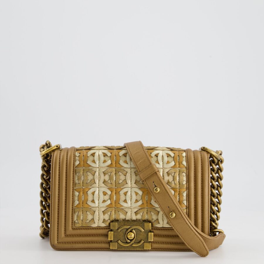 *LIMITED EDITION* Chanel Gold Metallic Small Boy Bag In Calfskin Leather with Antique Gold Hardware CC Details | Studio Nafay