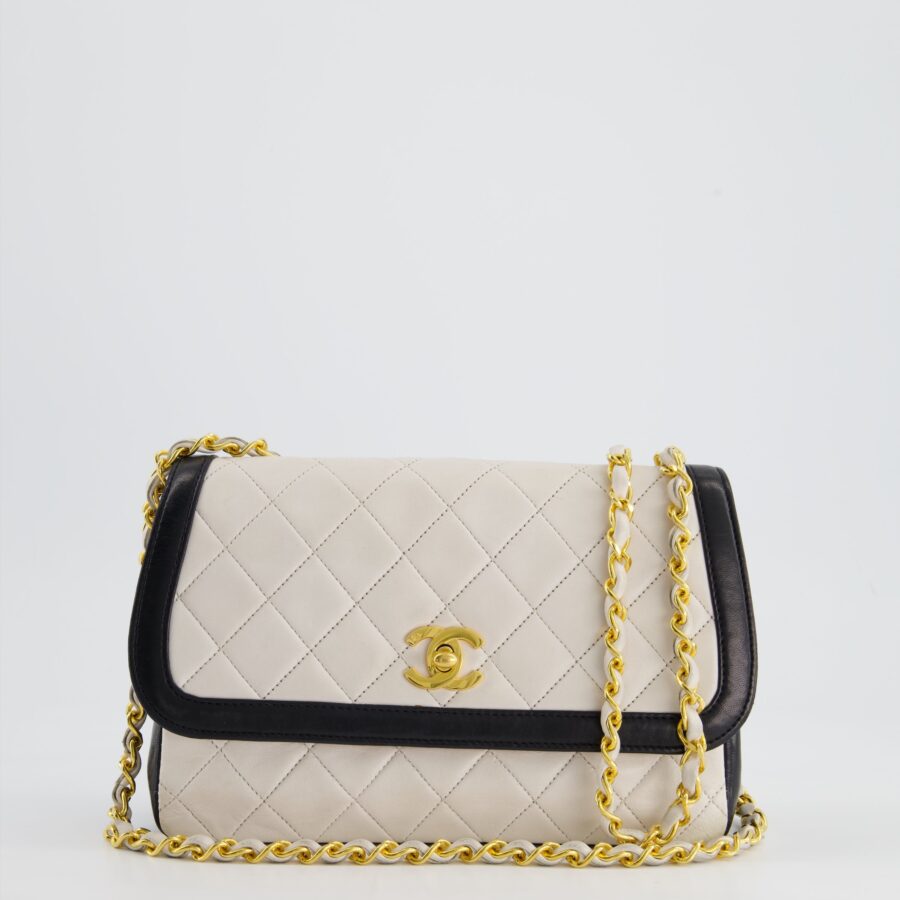 Chanel White, Black Trim Matelasse Cross-Body Bag in Lambskin Leather with 24K Gold Hardware | Studio Nafay