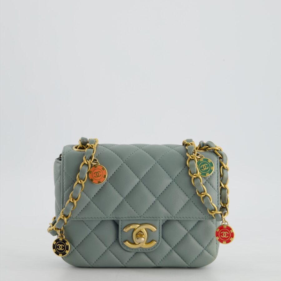Chanel Grey Mini Flap Bag With Multicolour Coin Details and Brushed Gold Hardware | Studio Nafay
