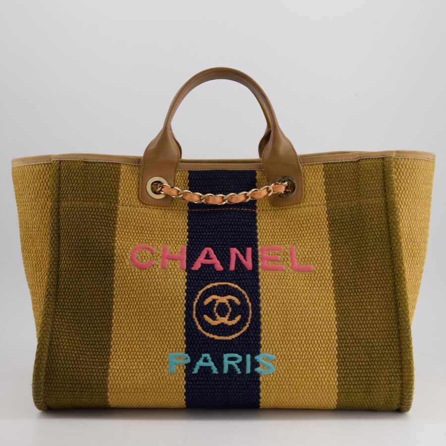 *HOT* Chanel Beige, Navy and Khaki Raffia Deauville Tote with Pastel Logo and Champagne Gold Hardware | Studio Nafay