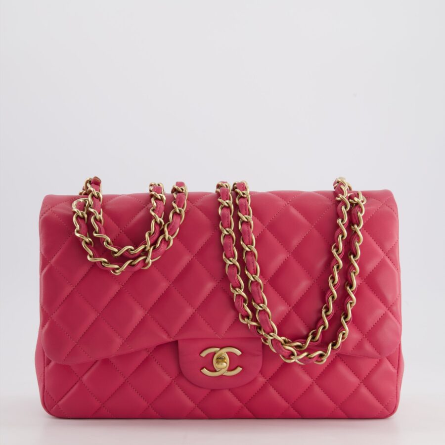Chanel Deep Pink Classic Jumbo Double Flap Bag in Lambskin Leather and Gold Hardware | Studio Nafay