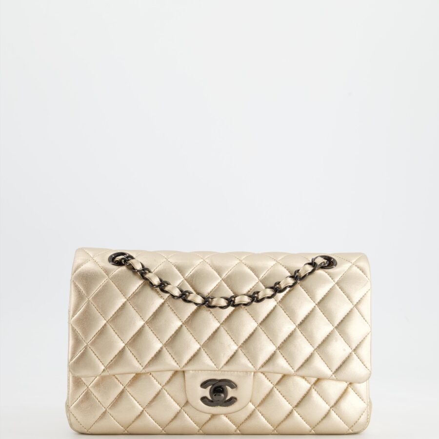 *SUPER RARE* Chanel Metallic Gold Medium Classic Double Flap Bag in Lambskin Leather with Black Hardware | Studio Nafay
