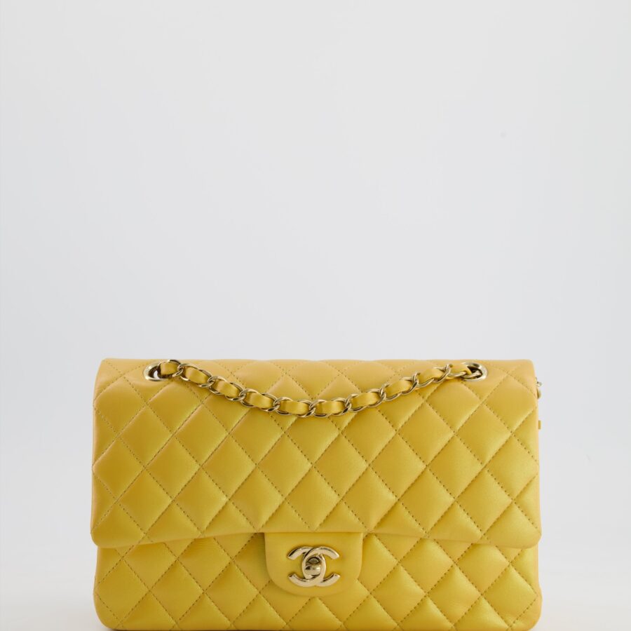 *HOT* Chanel Iridescent Mustard Yellow Medium Double Flap Bag in Lambskin Leather with Champagne Gold Hardware | Studio Nafay
