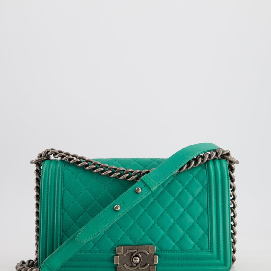 *HOT* Chanel Mint Green Medium Boy Bag in Calfskin Leather with Ruthenium Hardware | Studio Nafay