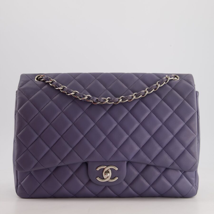 Chanel Lavender Purple Maxi Classic Double Flap Bag in Lambskin Leather with Silver Hardware | Studio Nafay
