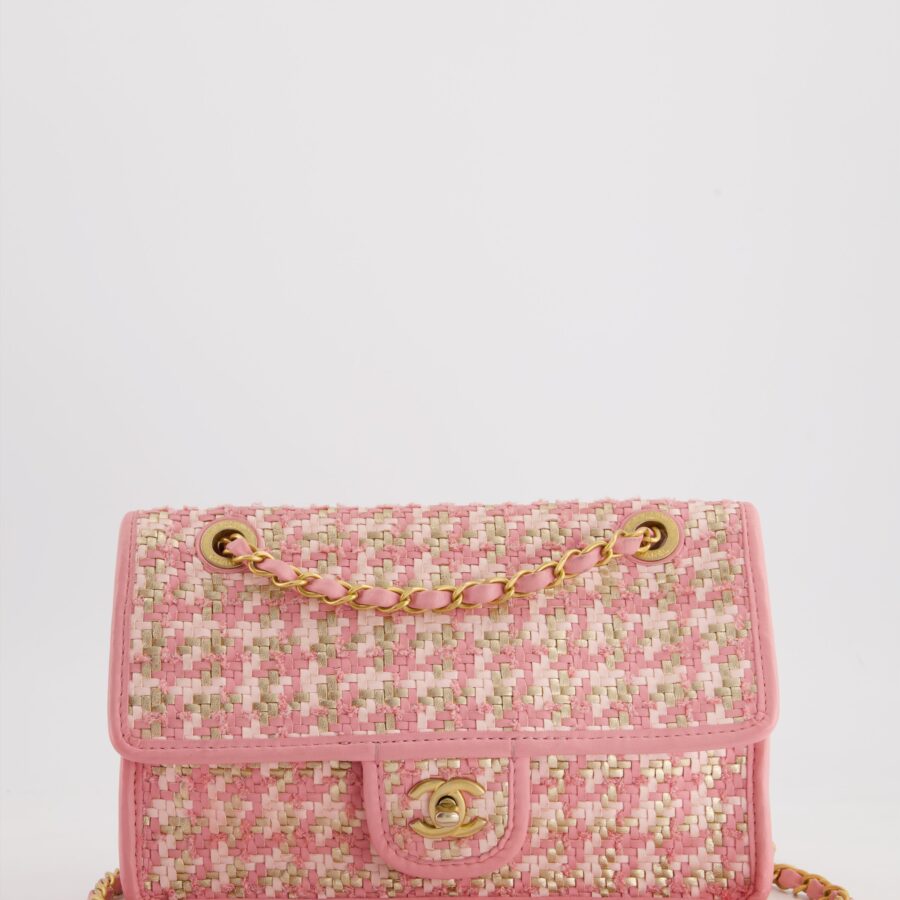 Chanel 23C Pink Woven Flap Bag with Leather Edge Detail and Brushed Gold Hardware | Studio Nafay