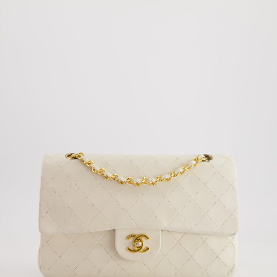 Chanel White Medium Classic Double Flap Bag in Lambskin Leather with 24K Gold Hardware | Studio Nafay