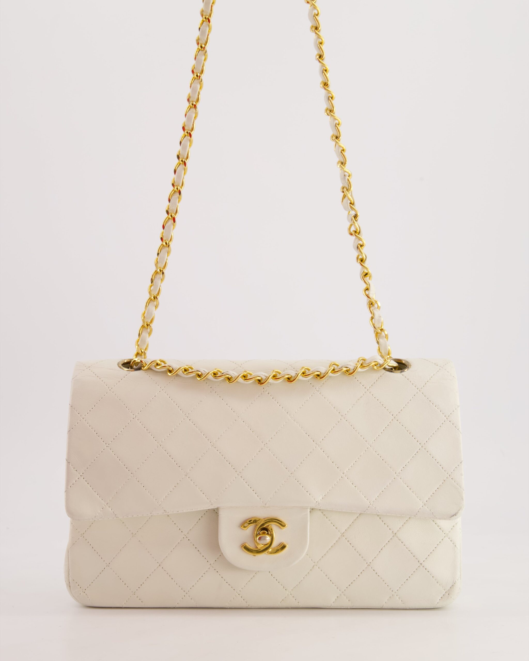 Chanel White Medium Classic Double Flap Bag in Lambskin Leather with 24K Gold Hardware
